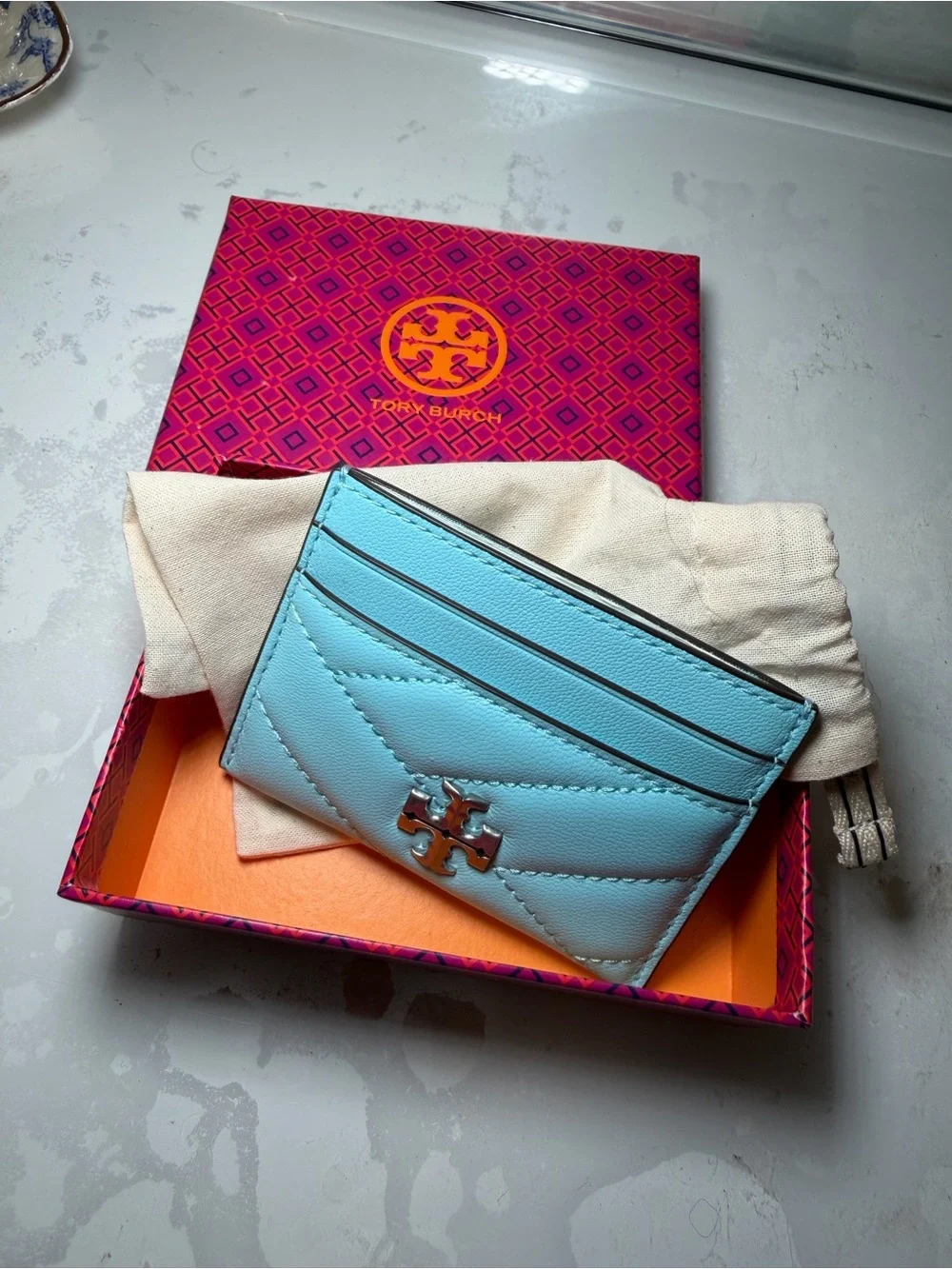 Tory Burch Sky Blue Quilted Leather Card Case with Logo